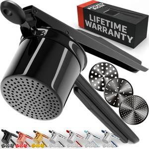 lot 4190 image: PriorityChef Large 15oz Potato Ricer With 3 Discs, Heavy Duty Stainless Steel Potato Ricer for Mashed Potatoes, Potato Masher, Press and Ricer Kitchen Tool, All Black