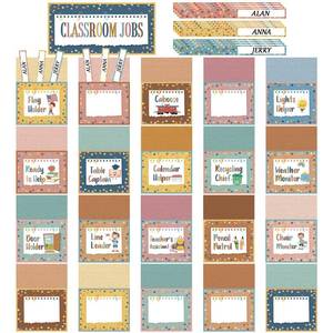 lot 4206 image: Seajan 81 Pcs Boho Class Jobs Bulletin Board Boho Welcome Classroom Jobs Pocket Chart Set with 40 Adhesive Points Colorful Back to School Teachers Helper Management Chalkboard Decor Wall Decoration