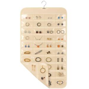 lot 4268 image: Okxiri Hanging Jewelry Organizer for Closet with Swiveling Hanger, 17 x 30 In, 80 Clear Pockets Jewelry Organizer Hanging for Jewelries, Earrings, Accessories (Beige)