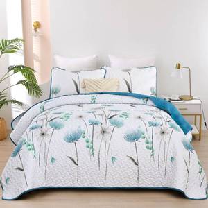 lot 5254 image: Dinjoy Floral Quilt Set Queen Size,Teal Bedspread Coverlet Botanical 3 Pieces Summer Quilts Microfiber Lightweight Blue Bedspreads White Soft Reversible Cute Bed Cover Sets for Fall Winter (96x90)