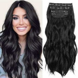 lot 6114 image: Black 20 Inch Thick Hairpieces Long Wavy Natural Synthetic Clip in Hair Extensions, for Women (4pcs, 20Inch, 1B#)
