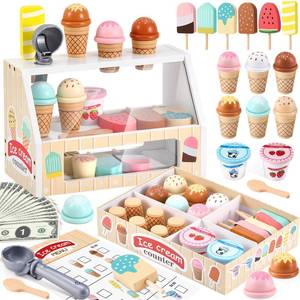 lot 6117 image: WHOHOLL Wooden Ice Cream Toys Kids Play Store Pretend Toy for Toddlers, Play Kitchen Accessories with Scoop, Menu, Ice Cream Play Set Birthday for 3 4 5 6 Year Old Girls Boys
