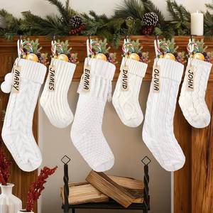 lot 6118 image: Celltestria 6pcs Knitted Christmas Hanging Stockings Decoration, 18Inches 15inch Cream White Ivory Large Cable Xmas Personalized Knit Stocking with Name Tags for Home Farmhouse Holiday Party Decor