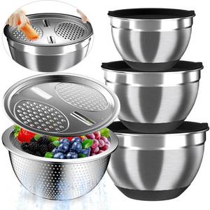 lot 6123 image: Nicdiet Mixing Bowls with Airtight Lids, Stainless Steel Mixing Bowl Set with 3 Metal Nesting Bowls, Colander & Grater, Non-Slip Bottoms, Size 1.5, 2.5, 5 QT, Great for Mixing & Serving, Black