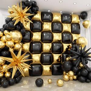 lot 6157 image: HKYOOD 36pcs Gold and Black Square Foil Balloons Wall Backdrop with 147pcs Balloon Garland Arch Kit, Double Sided Balloons for Birthday Bridal Shower Anniversary New Year Graduation Party Decorations