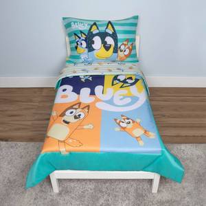 lot 6170 image: Bluey 4 Piece Toddler Bedding Set �� Includes Comforter, Sheet Set �� Fitted Top Sheet Reversible Pillowcase for Boys or Girls Bed, Blue
