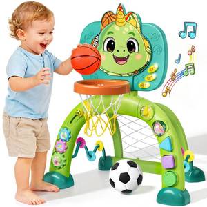 lot 6175 image: HAIMST Toddler Basketball Hoop & Soccer Goal, Dinosaur Sports Play Toy Activity Center, Interactive Musical Sports Toys with Light, Christmas Birthday Gift for Boys Girls