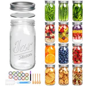 lot 6237 image: Accguan 32oz Mason Jars with Lids, Wide Mouth Mason Jars,Food Storage Container Excellent Choice for Honey,Drinking,Spice Jars,Canned Goods,DIY Projects,Jam,Wedding Favors,Canning Jars set of 12Pack incomplete missing some Lids