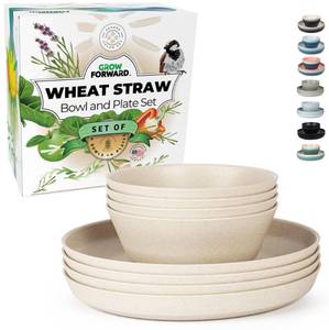 lot 6242 image: Grow Forward Premium Wheat Straw Plates and Bowls Sets - 8-Piece Wheat Straw Dinnerware Sets - Unbreakable & Reusable Microwave Safe Plastic Dinner Plates for Outdoors, RV, Camping Dishes - Sahara