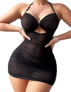lot 6249 image: Avidlove Sexy Lingerie for Women Sheer Lingerie Set Mini Babydoll Dress Mesh Ruched Bodycon Black M