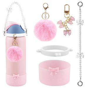 lot 6252 image: Wututir Water Bottle Accessories Set for Owala Accessories �� Includes 2.9in .3inch Silicone Bling Boot,Pearl Handle Strap, Plush Ball,Bow Charms for Owala FreeSip 24oz��32 oz (Pink, 32 oz)
