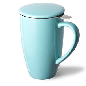 lot 7920 image: Sweejar Porcelain Tea Infuser Mug with Lid, 16 oz Teacup with Strainers for Loose Leaf Tea, Microwave and Dishwasher Safe Coffee Mug(Turquoise)