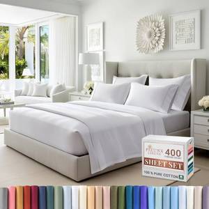 lot 7930 image: Pizuna 400 Thread Count Queen Cotton Bed Sheets Set, Long-Staple Cotton Sheet Sets Queen Size, Cooling 4 Piece Hotel Luxury Bedding Set with 15 Deep Pocket Fitted Sheet (Queen, White)