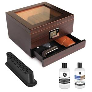 lot 7938 image: CASE ELEGANCE Glass Top Humidor with Thick Cedar, Easy humidification System, Accurate Digital Hygrometer - Renzo, Brown