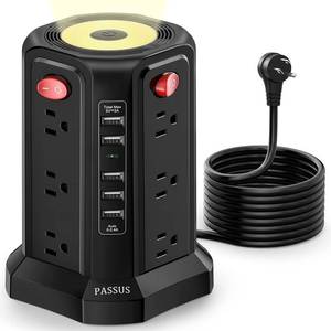 lot 7947 image: Surge Protector Power Strip Tower with 5 USB Ports and Night Light, 10FT Extension Cord with 12 AC Multiple Outlets, PASSUS Power Tower, Overload Protection for Home Office Dorm Room (Black)