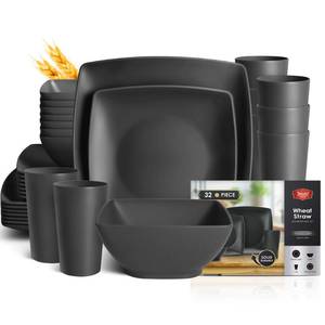 lot 7960 image: Teivio 32-piece Plastic Wheat Straw Square Dinnerware Set for 8, Unbreakable Dinner Plates, Salad Plates, Snack Bowls, Tumblers, Dishwasher Safe, Black