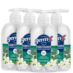 lot 7980 image: Germ-X Antibacterial Hand Soap, 12 Oz (Pack 4), Moisturizing Liquid Hand Wash for Kitchen or Bathroom, pH Balanced & Dermatologist Tested, White Tea & Eucalyptus Scent, Pump Bottle (Leaking)