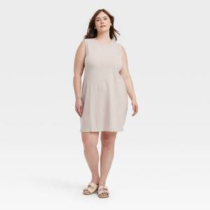 lot 8014 image: Womens Knit Mini Tank Dress - Universal Thread�� Tan 2X Sleeveless Crew Neck, Lightweight Cotton Jersey, Pullover Style