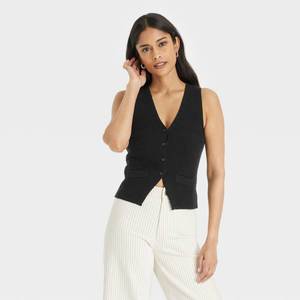 lot 8042 image: Womens Button-Front Sweater Vest - Universal Thread�� Black L Slim Fit, V Neck, Faux Pocket, Midweight Fabric