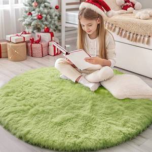 lot 8096 image: OLANLY Grass Green Round Rugs for Bedroom - Machine Washable, 4 ft Circle Area Rugs for Living Room, Soft and Fluffy Shaggy Carpet for Teen Girls and Boys, Nursery Rooms, Dorms, Home Decor Aesthetic
