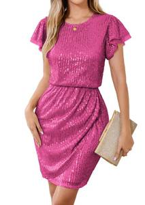 lot 8099 image: GRACE KARIN Womens Sequined Formal Dresses Elegant Cap Sleeve Faux Wrap Party Dresses for Women Pink XL
