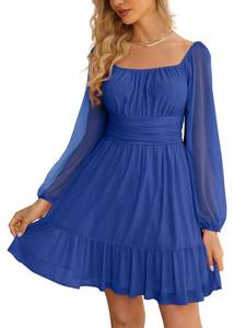 lot 8126 image: Wenrine Womens Mesh Long Sleeve Square Neck Dress High Waist A Line Ruffle Hem Flowy Casual Party Mini Dress Blue