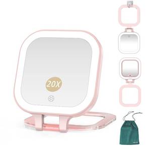 lot 8161 image: Mocado Compact Travel Makeup Mirror, 1X20X Magnifying Mirror with Light, Double Sides Compact Mirror with 3 Color Light, Dimmable Handheld Mirror, Rechargeable Travel for Purse,Pocket(Pink)