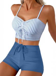 lot 8167 image: Herseas Women Bestselling Bikini Set Two Piece Vintage Swimsuit Color Block Summer Outfit Beach Wear Floral Print Modest Bathing Suit Sky Blue Stripe Small