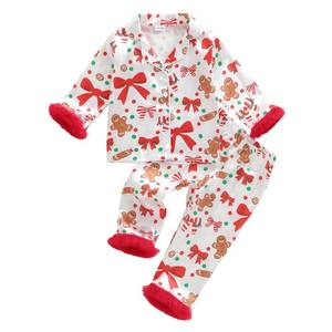 lot 8178 image: Kuriozud Kids Toddler Girl Christmas Pajamas Fuzzy Trim Long Sleeve Button Down Shirt Top and Pants 2pcs Pjs Sets Sleepwear (Christmas Gingerbread Bow White, 5-6 Years)