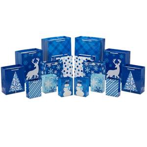 lot 8179 image: Hallmark Image Arts Assorted Christmas Gift Bags Bulk - Blue Plaid, Snowman, Deer, Tree, Snowflakes (16 Bags 6 Small 5, 6 Medium 8, 2 Large 11, 2 XL 14) for Holiday Parties, Hanukkah, Weddings