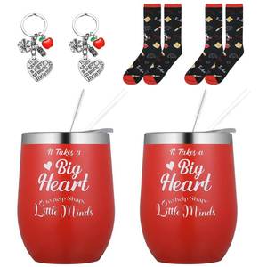 lot 8186 image: 2 Sets Teacher Gift Cups for Valentines Women Red Tumbler Daycare Teacher Mug Tumbler Keychain Socks for Women Student Employee Appreciation End of Year Gift, It Takes a Big Heart to Help Shape Minds