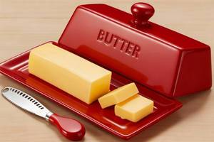 lot 13648 image: WERTIOO Butter Dish with Lid, Ceramic Butter Dish with Lid for Countertop for 1 Stick. Textured Tray for Non Slip Storage with Stainless Steel 3 in 1 Butter Spreader, Red