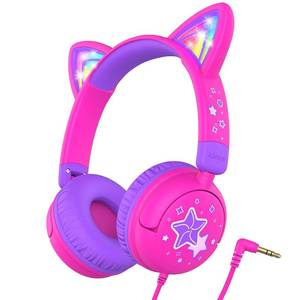 lot 14313 image: iClever Kids Headphones Cat Ear, LED Light Up, 85dBA Safe Volume, Stereo Sound Toddler Headphones for Travel School, Foldable 3.5mm Wired Kids Headphone for iPad Tablets, Meow Lollipop-Hot Pink