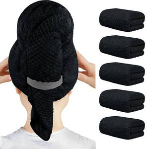 lot 14346 image: HOMEXCEL 5 Pack Large Microfiber Hair Towel Wrap for Women, Black- 40 x 20 inches Super Soft, Fast Drying Turbans for Long, Thick, Curly Hair - Anti Frizz Wrap with Elastic Strap