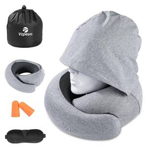 lot 14348 image: Vzpeun Travel Pillow - Hooded Neck Pillow Airplane Memory Foam Filling for Plane,Cars Sleeping, Road Trip, Long Flights, Portable Plane Accessories, Includes Eye Mask & Earplugs (Light Gray)