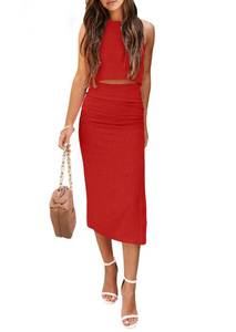 lot 14354 image: PRETTYGARDEN Womens 2 Piece Summer Outfits Crewneck Tank Tops Split Bodycon Midi Skirt Set (Red,X-Large)