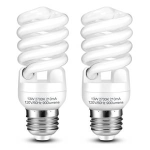 lot 14364 image: Barfelty CFL Light Bulbs E26 Base, T2 Spiral 13Watt (60Watt Equivalent) Soft White 2700K 900lm Compact Fluorescent Light Bulbs, UL Approved, 120v 60Hz, Self Ballasted CFL Bulbs, Pack of 2