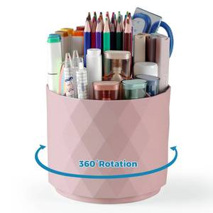 lot 14366 image: Desk Pencil Pen Holder, 5 Slots 360-Degree Rotating Desk Organizer, Diamond Pattern Desktop Storage Stationery Supplies Organizer, Cute Desk Accessories for Office, School, Home, Art Supply (Pink)