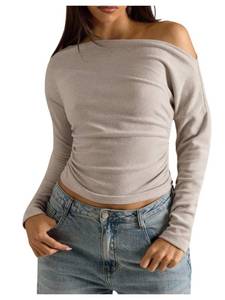 lot 14370 image: Floerns Womens Casual Off The Shoulder T Shirts Long Sleeve Ruched Fall Outfit Basic Tee Tops Apricot Small