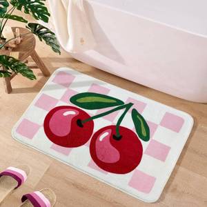 lot 14374 image: SHIYUE Cute Cherry Bath Mat for Bathroom Checkered, Non Slip Extra Soft Fluffy Absorbent Microfiber Fun Shower Decor (Pink 18x26)