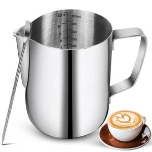 lot 18092 image: NewGF Milk Frothing Pitchers-12oz350ML Stainless Steel Steaming Pitchers, Scale CoffeeMilkCappuccinoLatte Art Barista Steam Pitchers, Milk Jug Cup with Decorating Pen-Silver