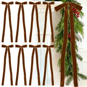 lot 18112 image: Glitinsel 8 Pcs Brown Velvet Christmas Bows 8 x 23.6 Pre Tied Handmade Fringe Velvet Ribbon Bows Rustic Crafts Gift Wrapping for Xmas Wreath Garland Staircase Stairway, Stair, Railing