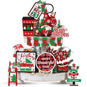 lot 18113 image: Tradder 14 Pcs Christmas Tiered Tray Decor Christmas Stockings Red Truck Xmas Tree Santa Wooden Signs Xmas Table Decorations Rustic Farmhouse Ornaments for Home Shelf