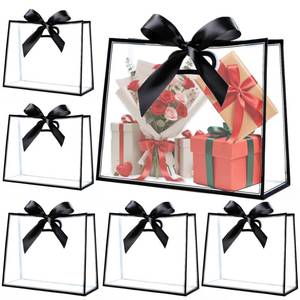 lot 18114 image: Gdotmely 12 Pcs Clear Plastic Gift Bags with Die Cut Handles,Reusable Party Favor Bags with Ribbons, Clear Gift Bag for Wedding Bridal Baby Shower Birthday Party Business, 12 x 10 x 5(Black)
