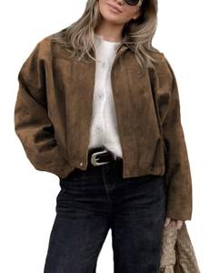 lot 19502 image: Oulivey Womens Cropped Suede Bomber Jacket Long Sleeve Zipper Y2k Pilot Outerwear(0368-Brown-S)