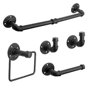 lot 19518 image: Jeasor 5-Pieces Industrial Pipe Bathroom Accessories Hardware Kit DIY Wall Mounted Includes Towel Bar Robe Hooks Toilet Paper Holder and Towel Ring (Black, 18 Inch) (missing hanging hooks)