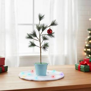 lot 19519 image: Bokon 24-inch Brown Christmas Tree Tabletop Christmas Tree Decor with Blue Iron Bucket Classic Red Balls Colorful Lights Snow Cotton Xmas Spirit Minimalist Style Cute for Party Gifts