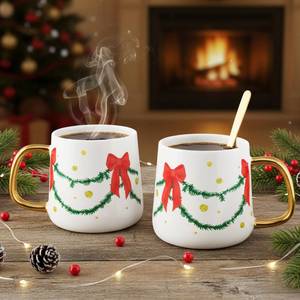 lot 19566 image: Potchen 2 Pcs Holiday Mugs Set Gift for Couple Parents, Coffee Cup with Golden Handle and Spoon, 10 oz Ceramic Tea Hot Cocoa Cups Gift for Family Home Kitchen Decor(Christmas Garland)