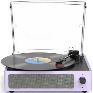 lot 19576 image: WOCKODER Turntable Vinyl Record Players New Sleek Turn Tables with Speakers Belt-Driven All-in-one LP Phonograph 3-Speed Bluetooth Wireless Playback Headphone AUX RCA Auto Stop Pale Light Purple