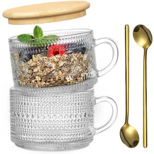 lot 19581 image: Vintage Coffee Mugs, Overnight Oats Containers with Bamboo Lids and Spoons - 14oz Clear Embossed Glass Cups, Cute Coffee Bar Accessories, Iced Coffee Glasses, Ideal for Cappuccino, Latte, 2 Pack